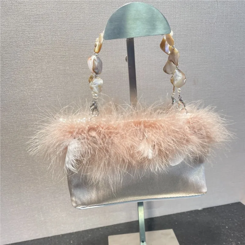 

JIAERDI Harajuku меховая атласная сумка-ракушка женская модная вечеринка пушистый кошелек женский Y2k эстетичная шикарная дизайнерская роскошная сумка 2025