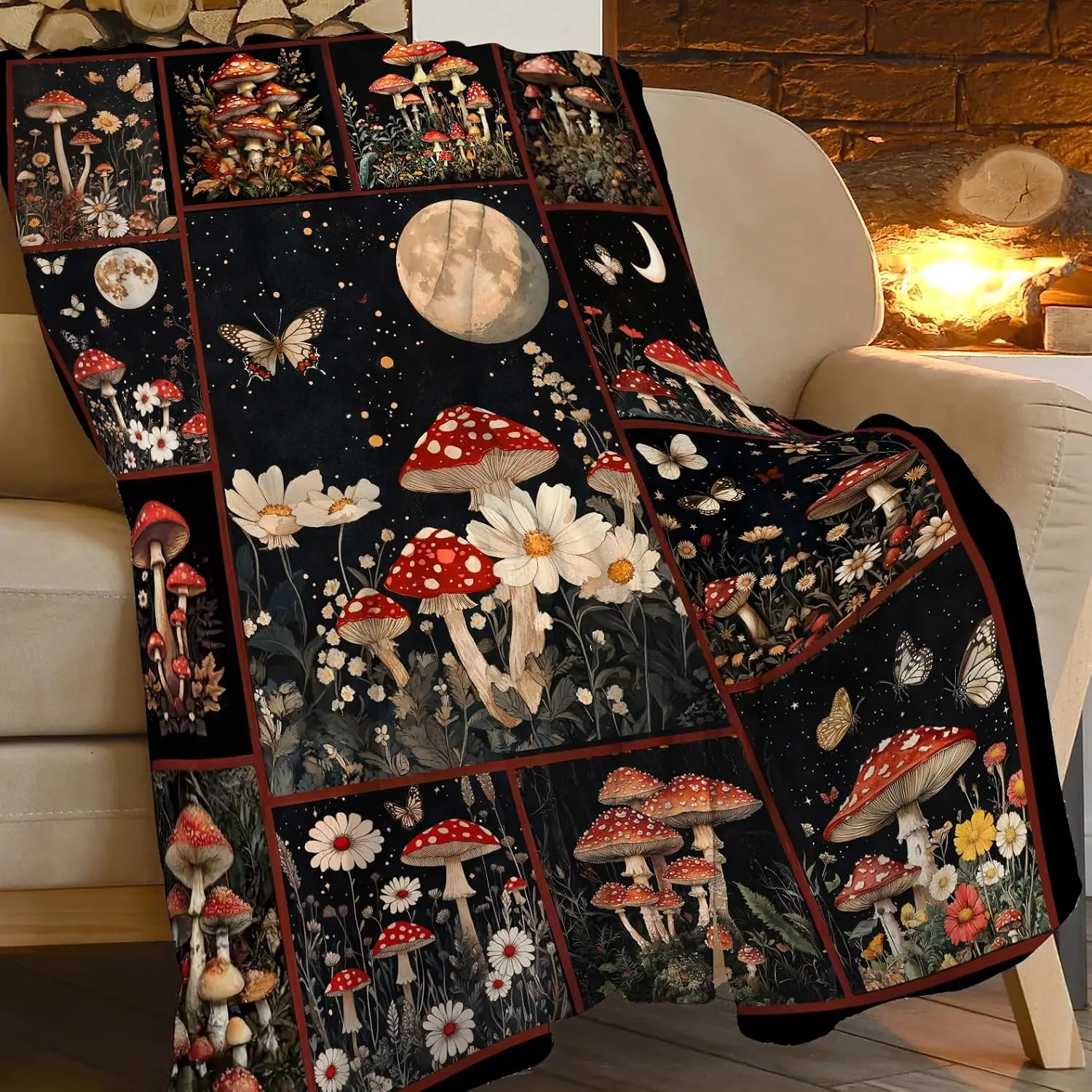 Dark Night Sky Red Spotted Mushroom Floral Grid Full Pattern Soft Flannel Blanket Light Decor Blanket For Bed Living Room Travel
