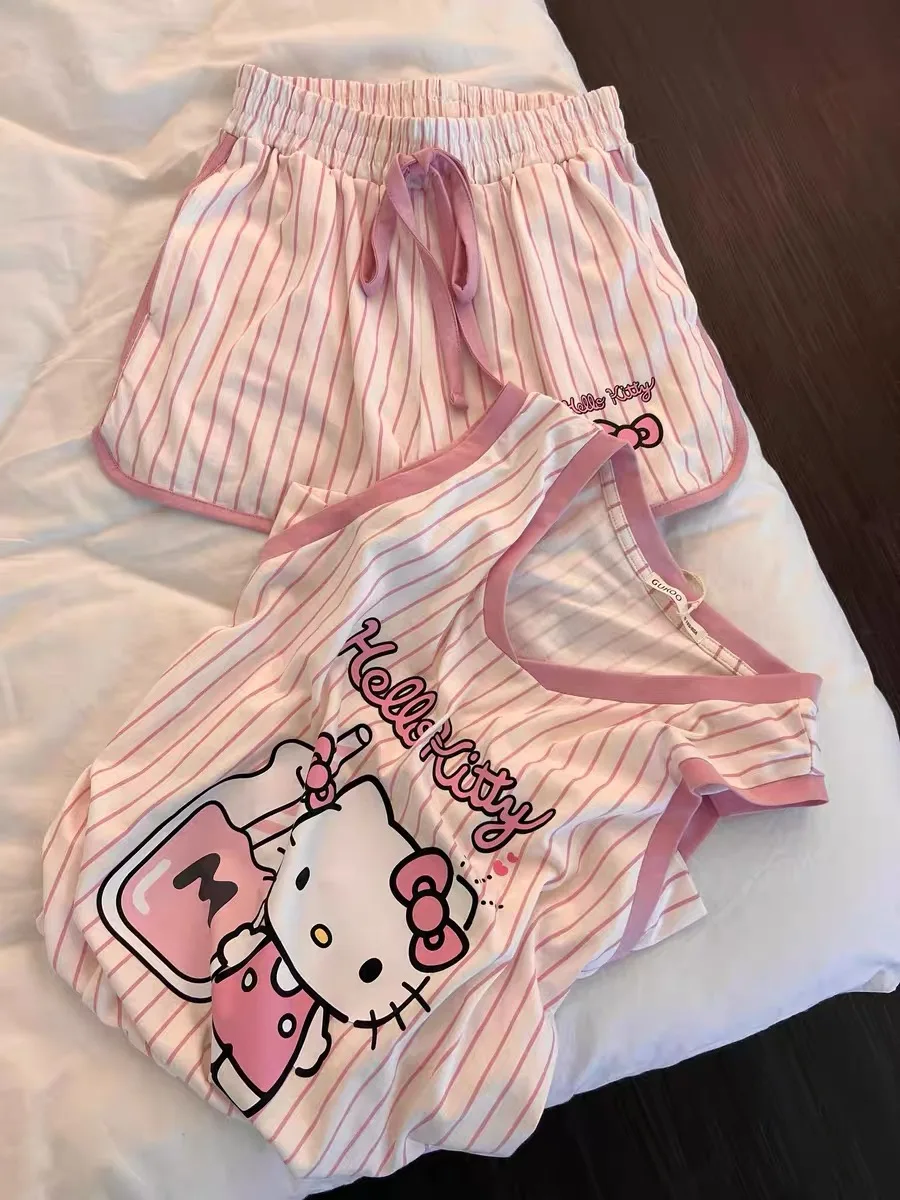 

Sanrio Hello Kitty Pajama Set Anime Women's Summer Vest Shorts Suit Leisure Pink Cartoon Stripe Printing Fashion Home Wear