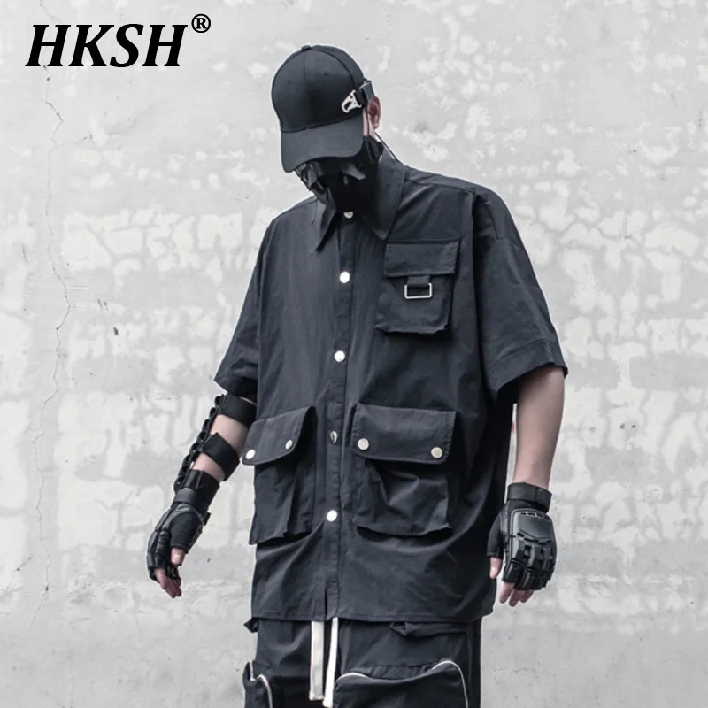 

HKSH Niche Design Summer Multi Pocket Workwear Shirts Men's InsTrendy Handsome Tactical Loose Fit Half Length Sleeve Tops HK0914