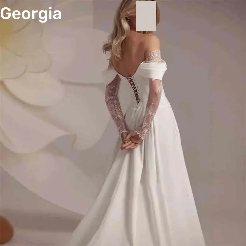 Fساتين سهرة مخصصة على شكل حرف a سبليت خارج الكتف بطول الأرض وسحاب حتى فساتين أعياد الميلاد فاخرة من الدانتيل وأكمام قصيرة وبطانة