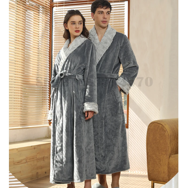 

Фланелевая ночная рубашка для пар, женские зимние банные халаты из кораллового флиса, Мужская утепленная одежда для сна, длинная ночная рубашка с откидным воротником