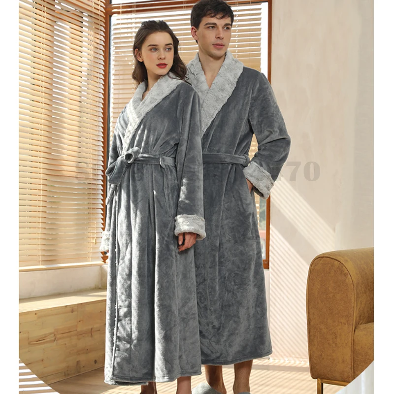 

Couple's Flannel Robe Nightwear Women's Winter Coral Fleece Bathrobes Men's Thickened Warm Sleepwear Flip Collar Long Nightgown