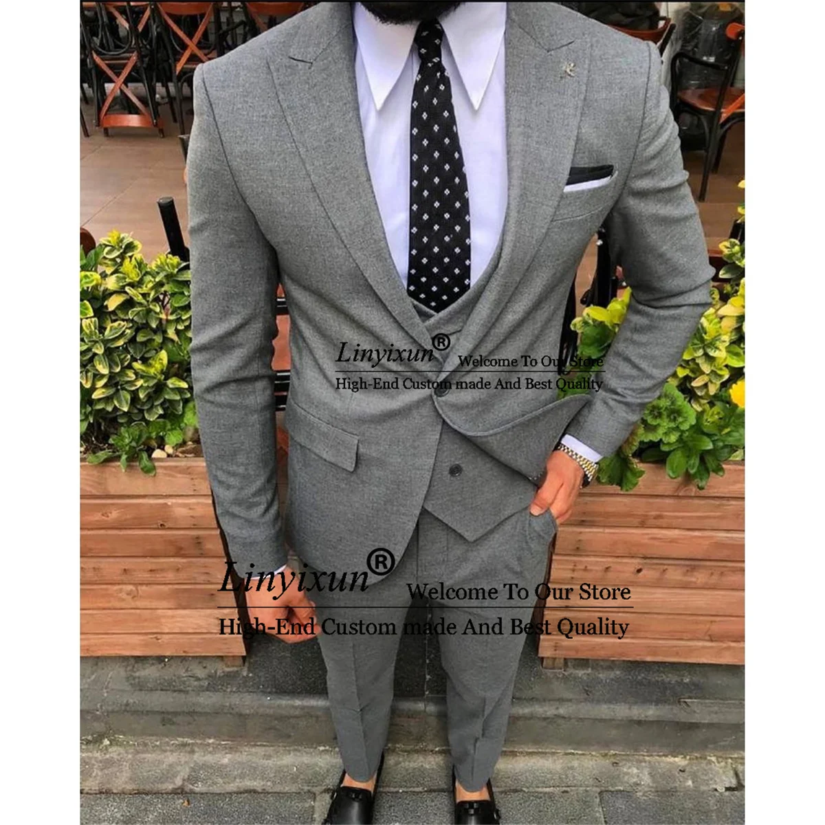 

Formal Gray Suits For Men Slim Fit Peak Lapel Groom Wedding Tuxedos 3 Pieces Set Business Male Blazer Vest Pant Terno Masculino