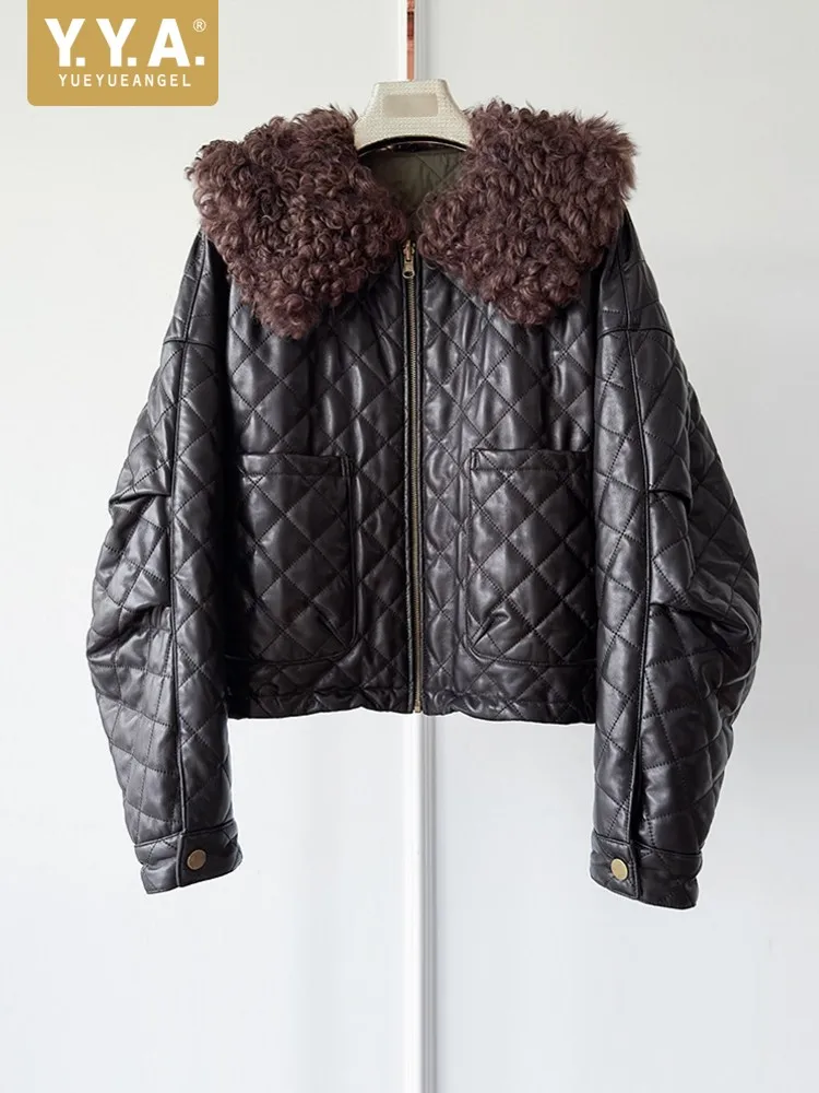 Winter Women Vintage Reversible Padded Coat Wool Collar Sheepskin Genuine Leather Jacket Zip Casual Oversized Loose Fit Overcoat