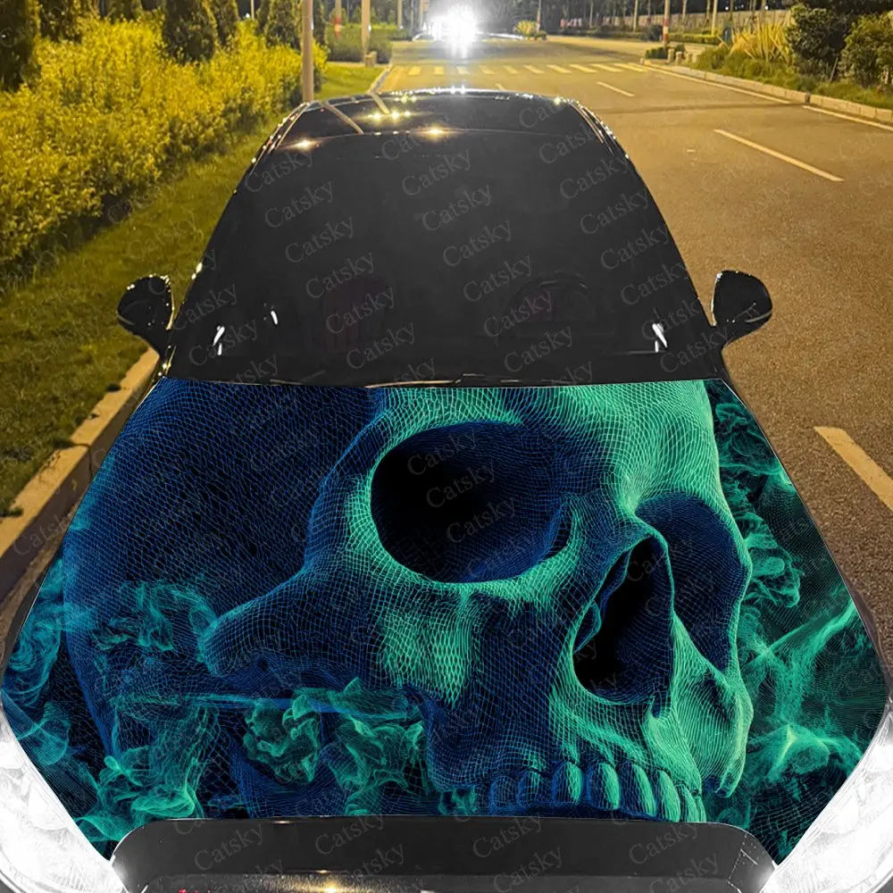 Car Decal Green Skull with Neon Textural Artistic Fusion Design, Creating a Mysterious and Cyber-Gothic Visual Car Hood Sticker,