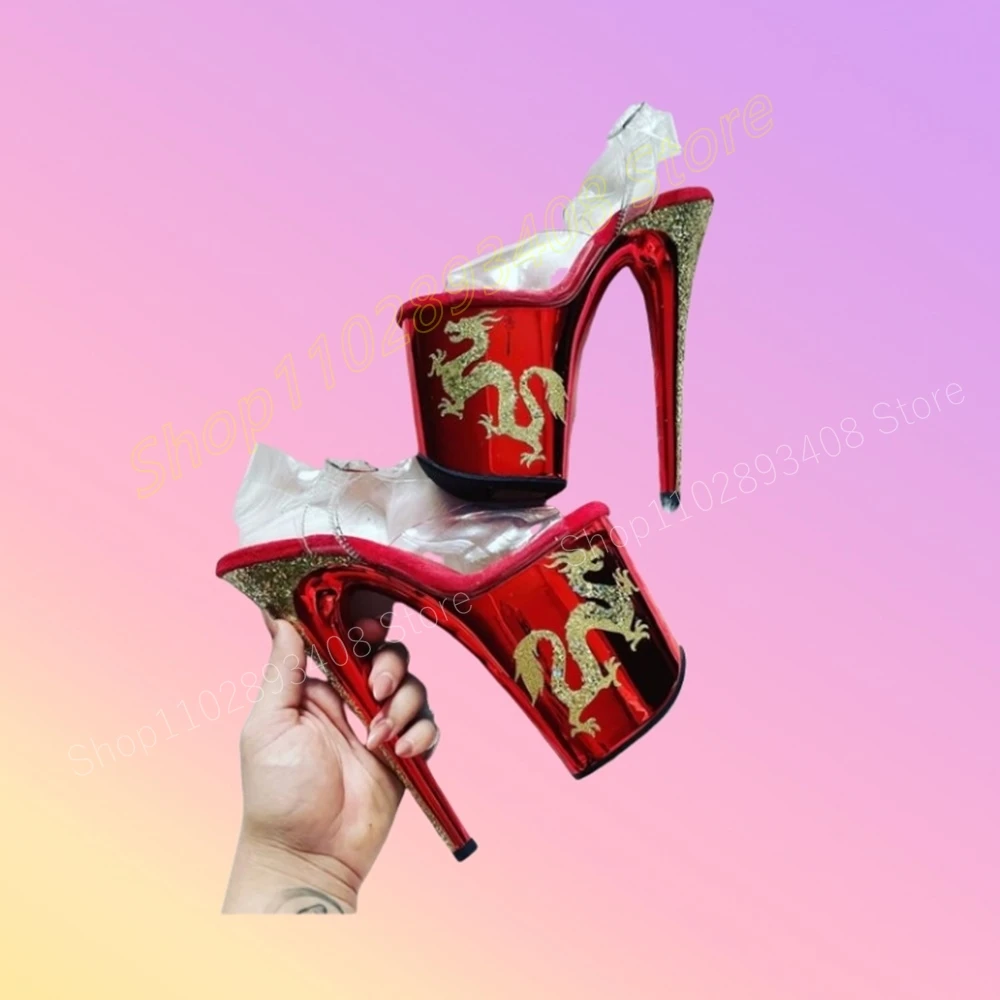 

Red Glitter Dragon Decor PVC Sandals Platform Peep Toe Stiletto High Heel Ankle Buckle Sexy Women Shoes 2024 Zapatos Para Mujere