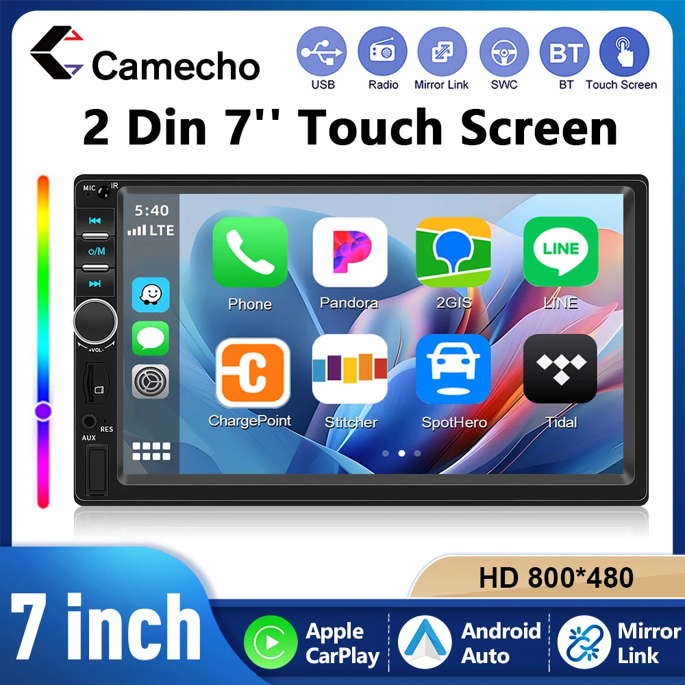 Camecho 2 Din Autoradio 7'' Touchscreen MP5 Player Wired Carplay Android Auto Universal 2Din Autoradio Bluetooth UBS TF AUX-IN