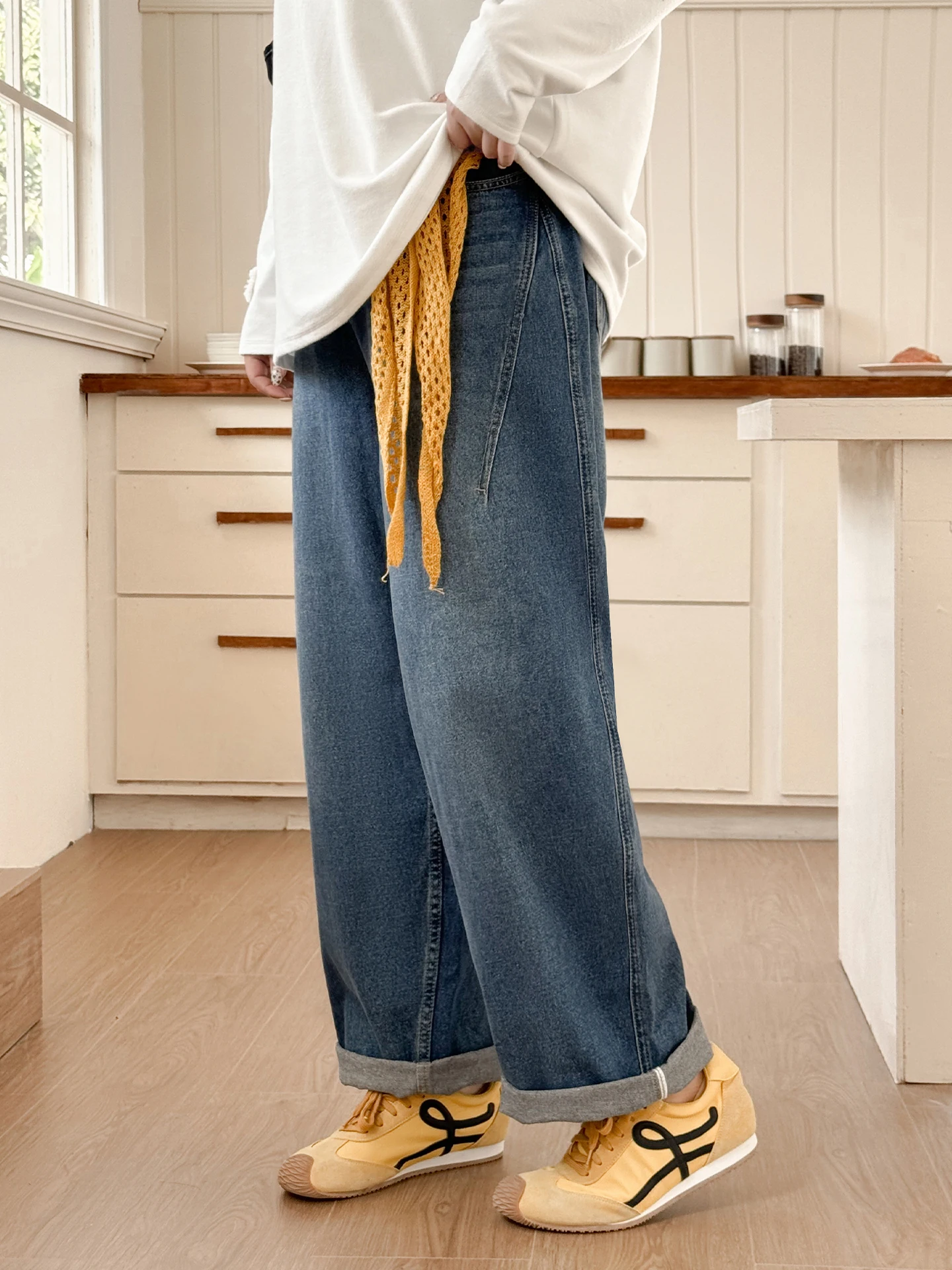 

Джинсы с высокой талией и широкими штанинами, повседневные, стройнящие, скрывающие недостатки фигуры, весенняя мода, большие размеры, женская одежда, бренд Miss38, деним.