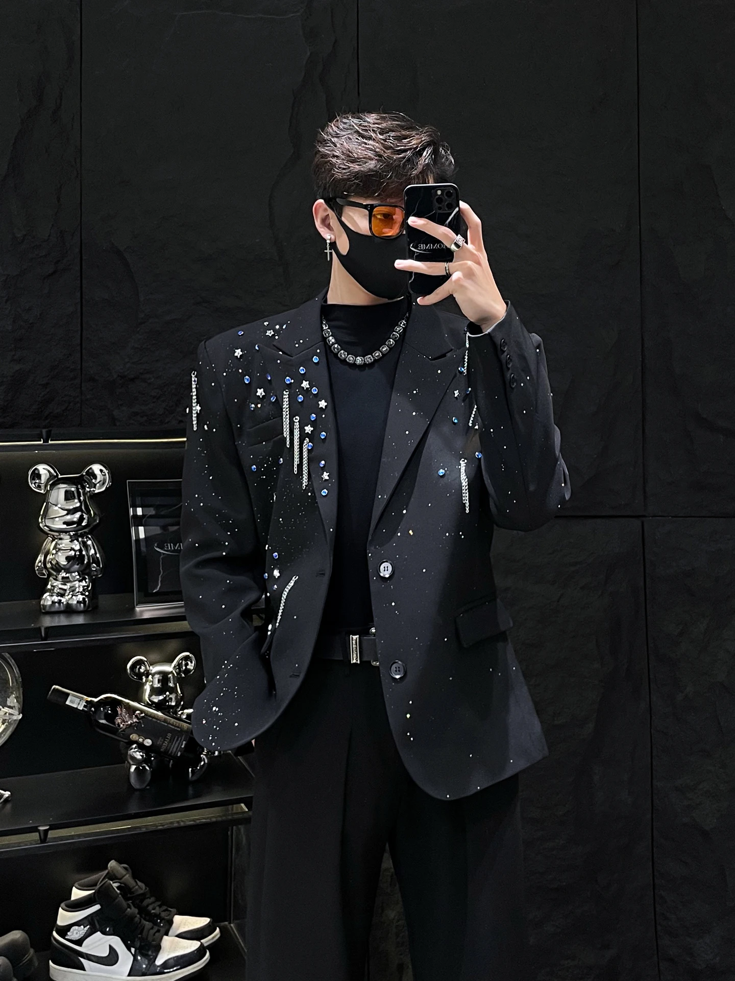 

Мужской костюм Jaet с дизайном тяжелой промышленности без зеркальной звезды и бриллиантами, модное длинное пальто све на весну и осень