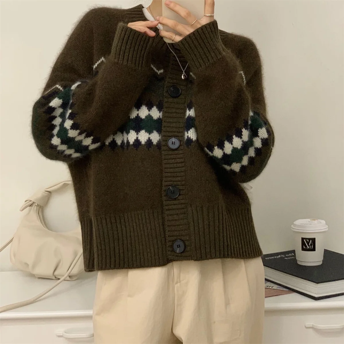 Fashion Vintage Knitted Sweater Loose Tops For Women Long Sleeve Single Breasted Cardigan Y2k Autumn Winter 2024 New In Sweaters