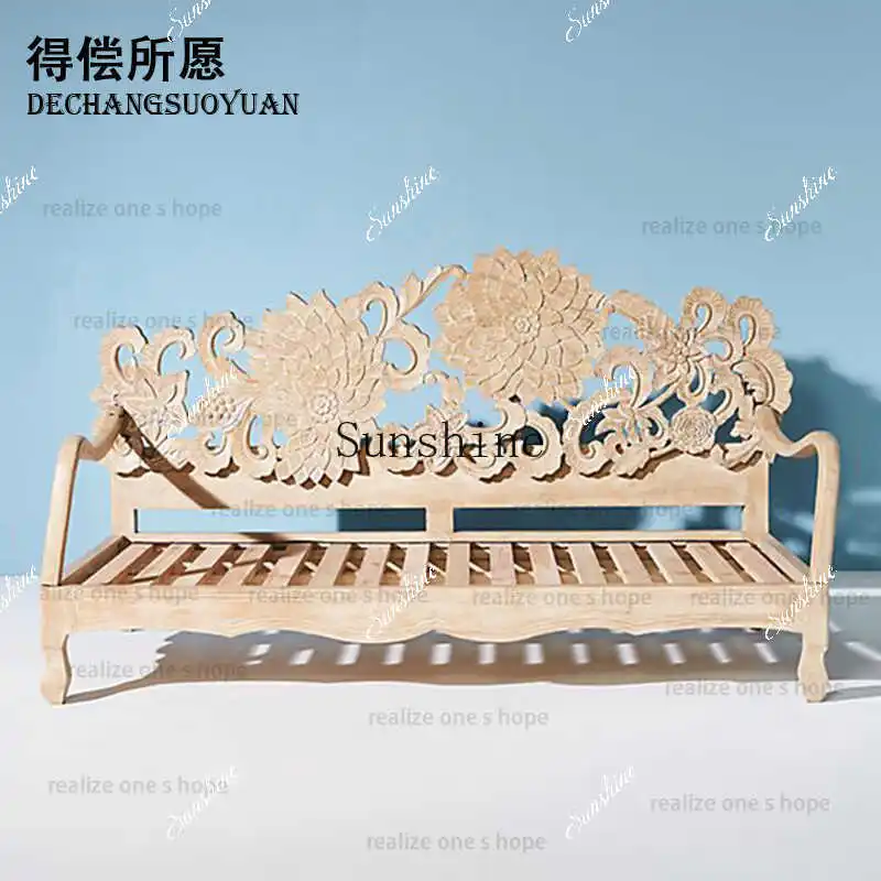 

French retro solid wood old three hand-carved peony flower sofaP