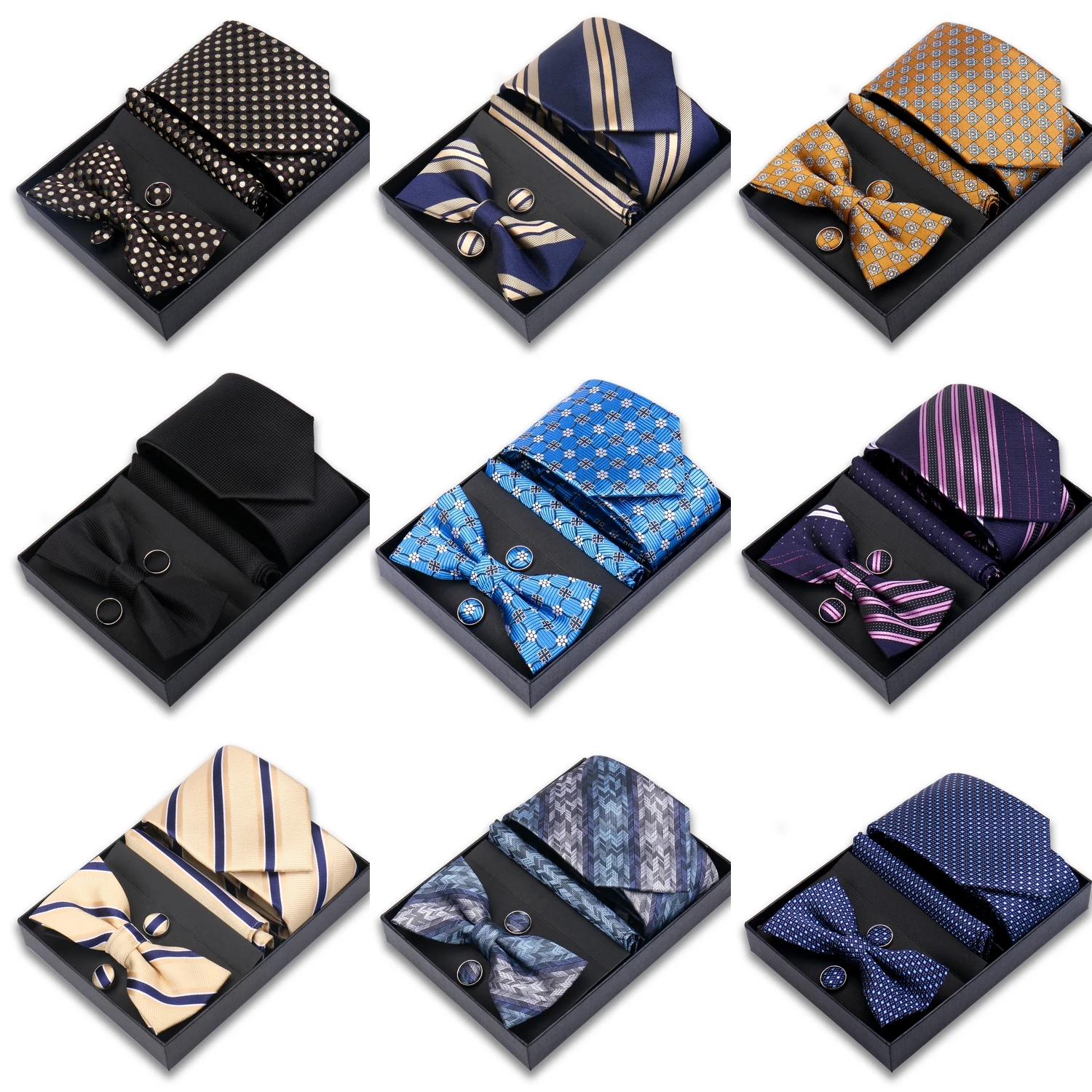Elegant Men Tie Wedding Gift Set Tie Bow Tie Cufflinks Handkerchief Black Box Floral Paisley Business Accessories Party Gift