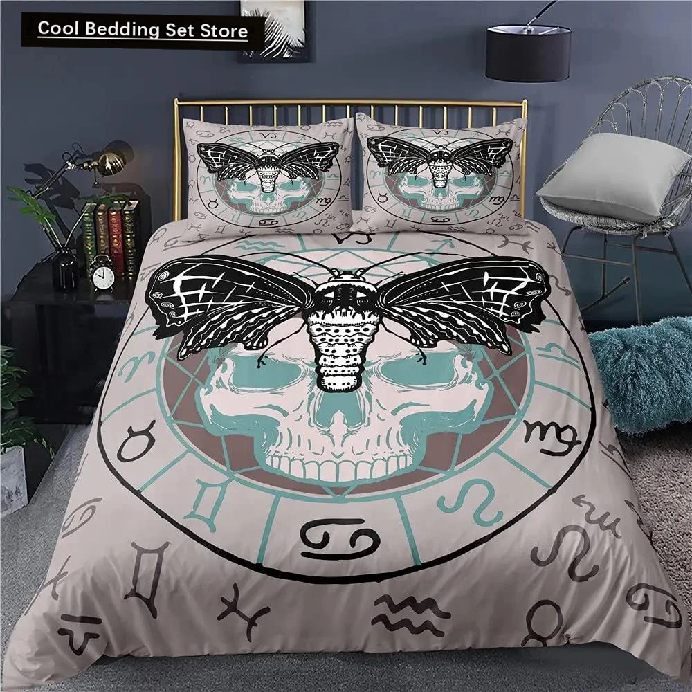 

Boho Moth Duvet Cover Queen Size Boys Gothic Skull Bedding Set for Girls Women Bedroom Decor Bohemian Moon Star Comforter