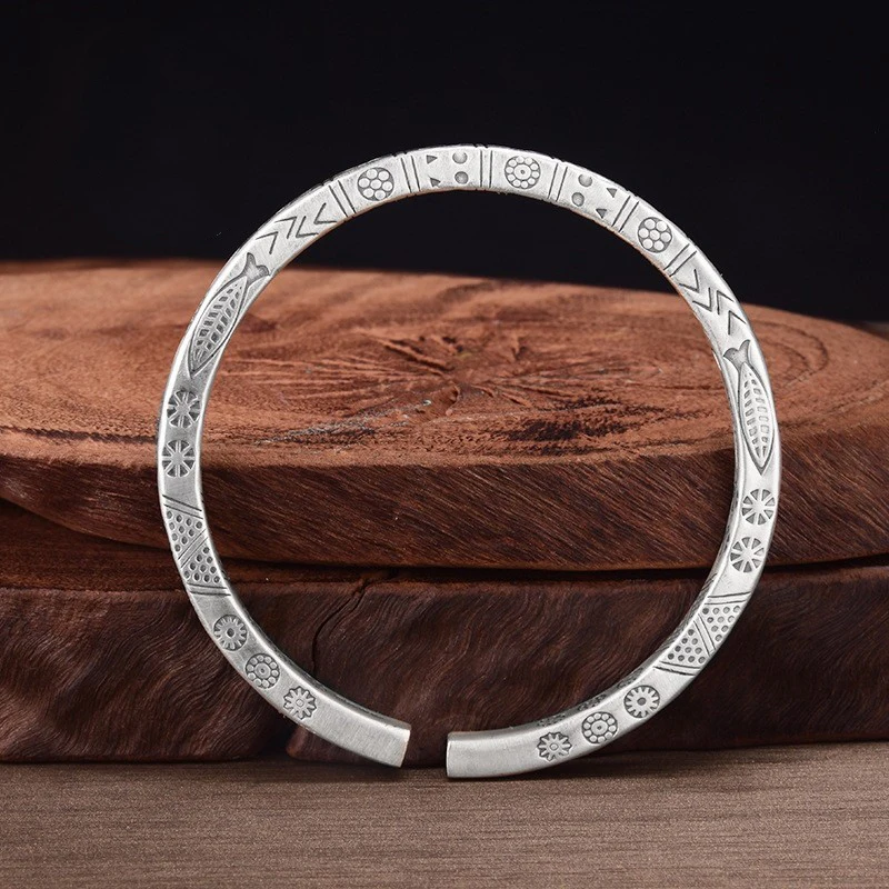 S999 Sterling Silver Retro Mobius Strip Fish Totem Cuff Bracelet Men's and Women's Twisted  Armband Fashion Jewelry Gift