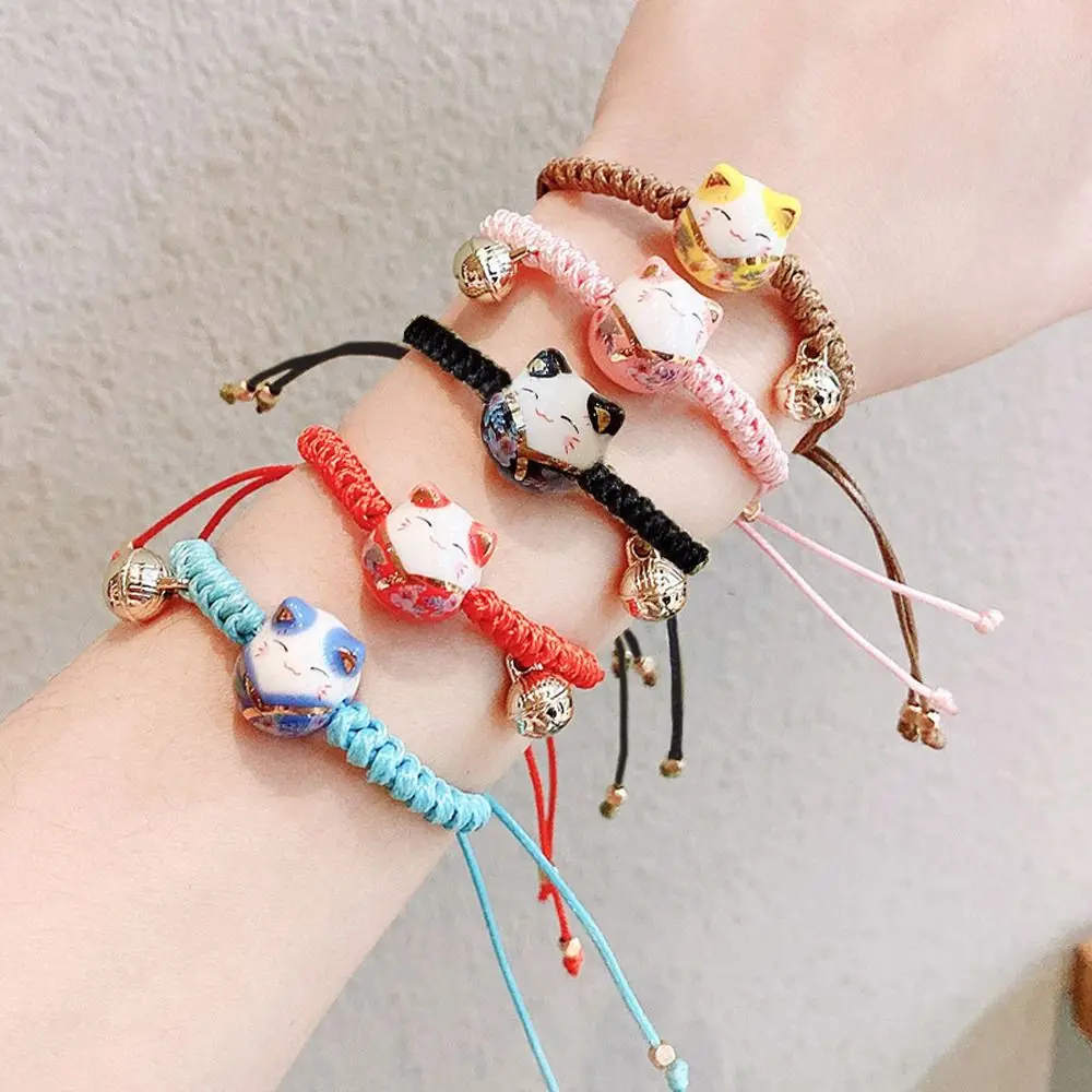 Maneki Neko Lucky Handmade Red Braided Rope Bracelet Bell Jewelry Adjustable Hand Rope Ceramic Cat Pendant Women Hand Ring