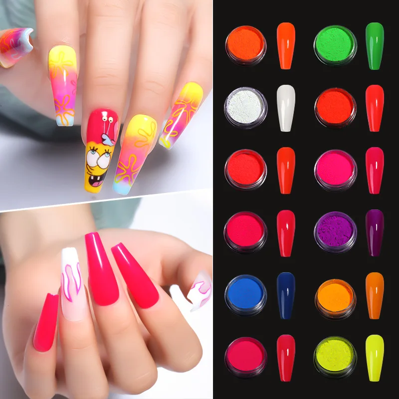 12pcs/set Colorful Professional Gel Polish Smooth Acrylic Powder Manicure Diy Fluorescent Neon Pigment Powder Nails Decorations