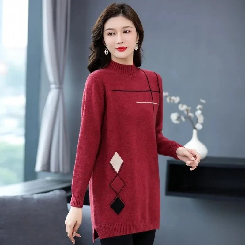 Musim gugur/musim dingin wanita Sweater Pullover Tinggi kasual serbaguna setengah kerah tinggi pertengahan panjang gaun rajut bawah kemeja wanita B601