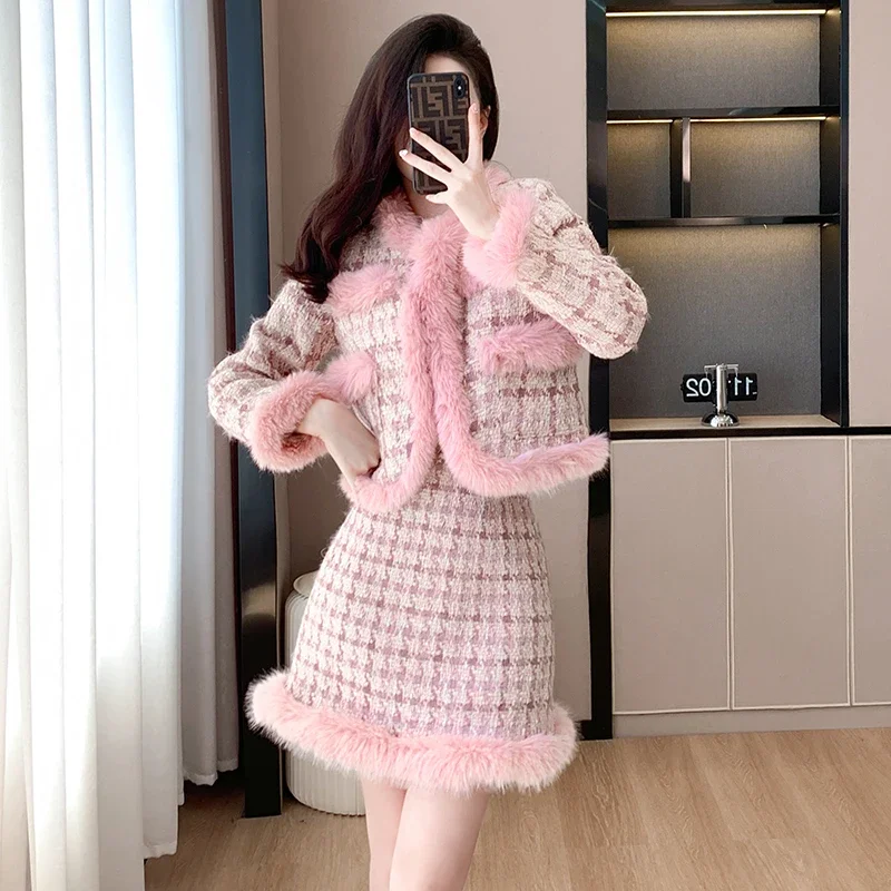 

UNXX 2024 Autumn/Winter Small Fragrant Style Fur Tweed Blazer + Skirt Set Vintage Sweet Fur Short Coat Skirt 2-Piece Sets Women