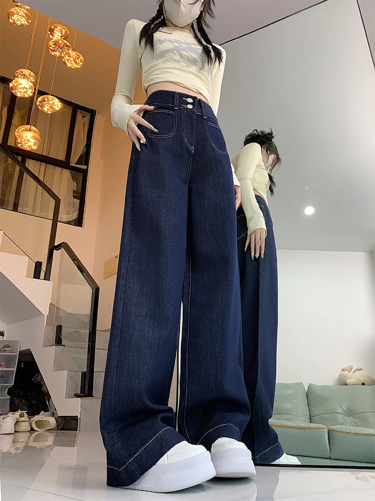 Jean en Denim à jambes larges pour femmes, bleu profond, grande taille, ample, droit, Double bleu, taille haute, pantalon amincissant, longueur au sol