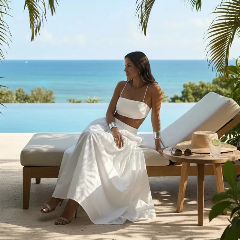 

Chic Women 100% Cotton Crop Top And Maxi Skirt Set Spaghetti Strap Two Piece Outfit High Waist Summer Beach Holiday Resort Wear