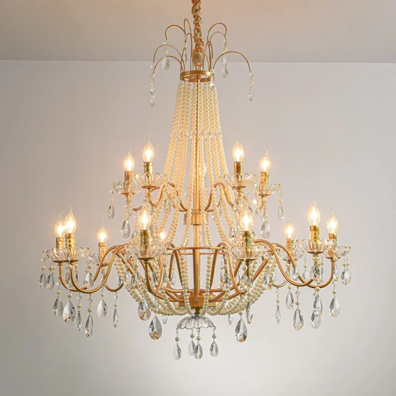 Modern Candle E14 Led Chandelier Lighting Villa Stairs Pearl Crystal Pendant Lights Hotel Home Decor Suspension Lamp Luminarias
