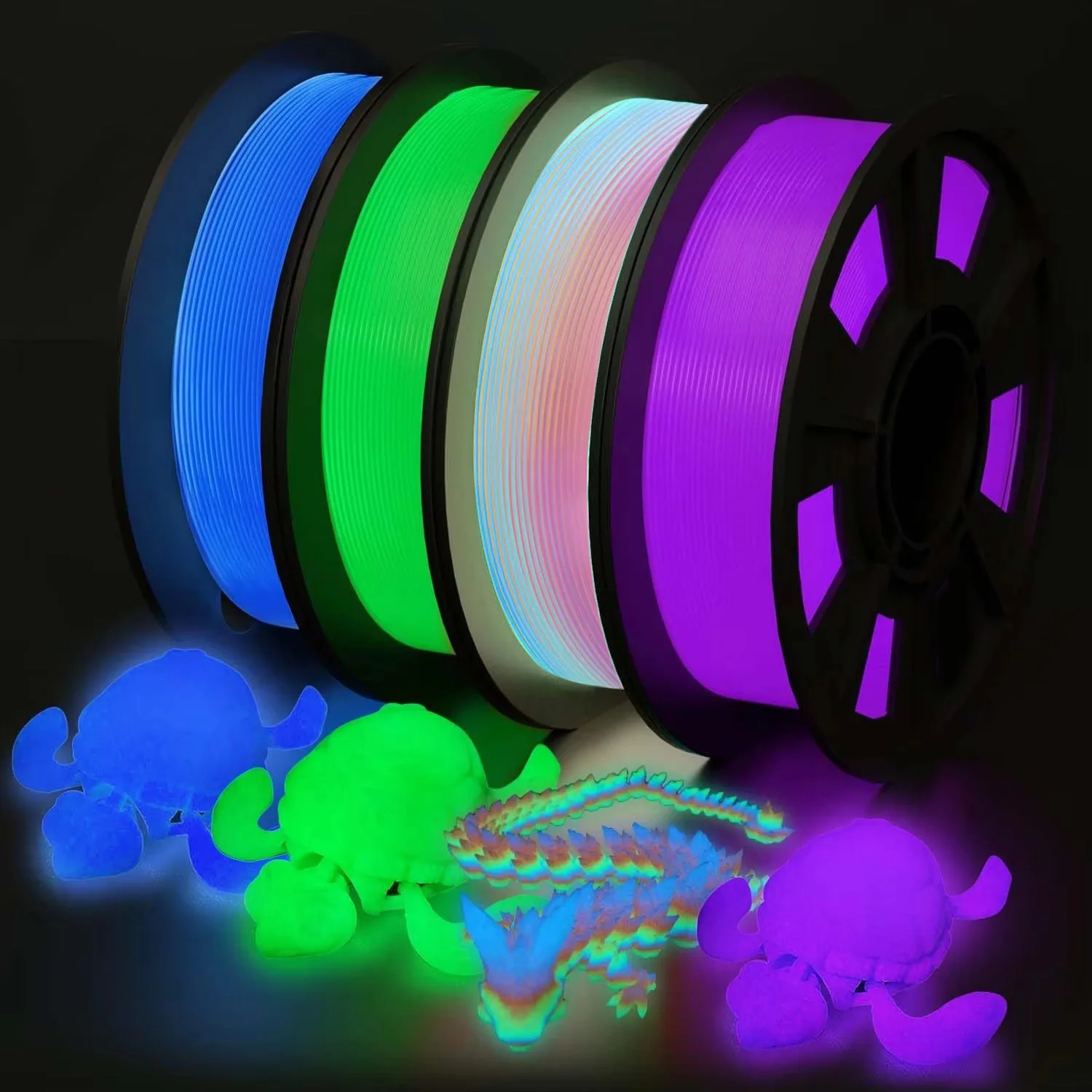 

Glow in The Dark Filament Multicolor, Green, Blue, Purple and Rainbow, PLA Filament 1.75 mm, 3D Printer Filament Bundle