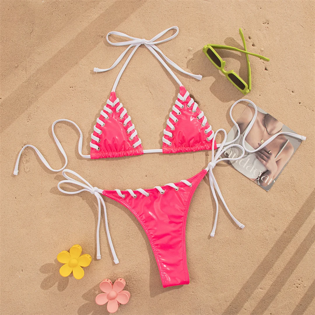 PU-Kunstleder-Bikini mit Neckholder, Damen-Badeanzug, zweiteiliges Bikini-Set, hoch geschnittene Beine, Badebekleidung, Badeanzug, Modell V8095 – Detail 3