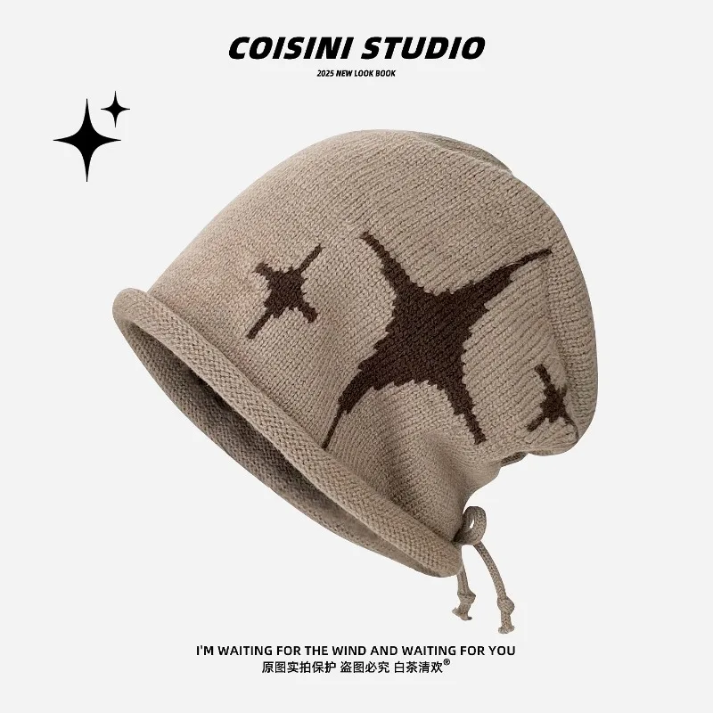 New Fashion Curling Drawstring Beanies for Women Autumn and Winter Warm Ear Protection Versatile Retro Knitted Pullover Hats