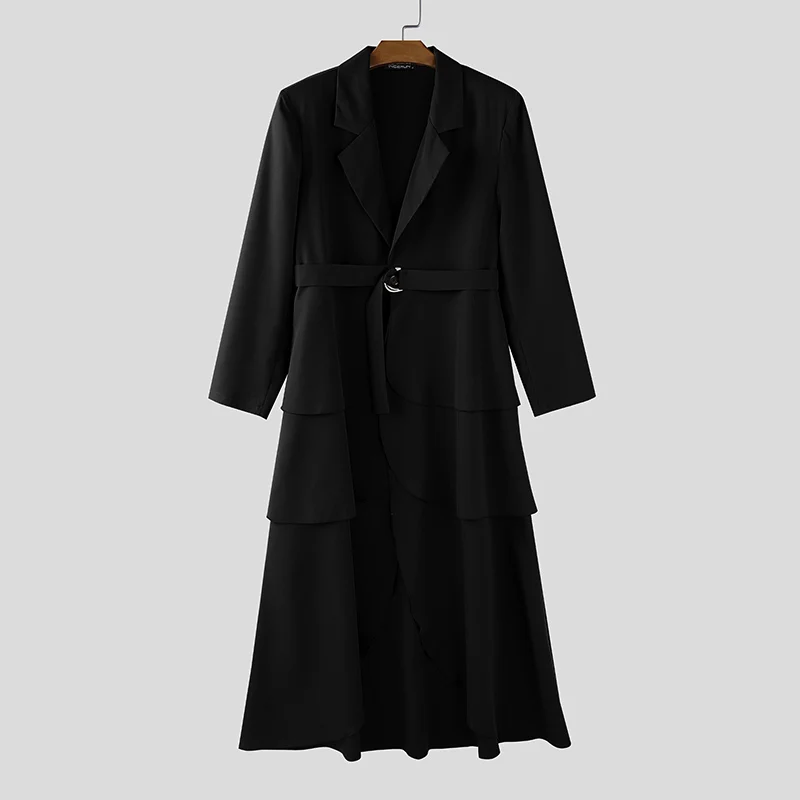 

INCERUN мужской нерегулярный пиджак, однотонный повседневный костюм с лацканами и длинными рукавами, мужская уличная одежда, 2025 г., модный мужской длинный стильный пиджак с рюшами