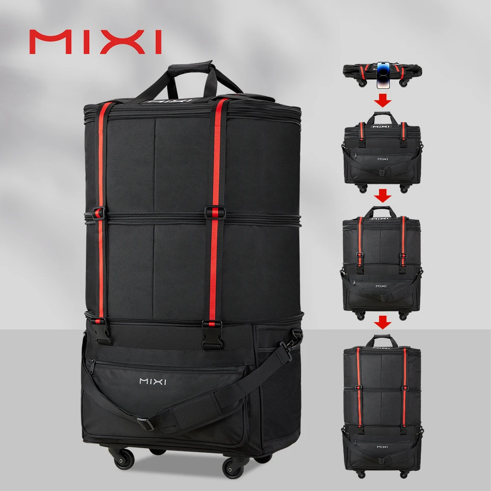 Mixi Foldable Travel Bag Hand Carry Duffel Bag with Wheels Expandable Rolling Travel Bag Large Capacity Waterproof Luggage Bag