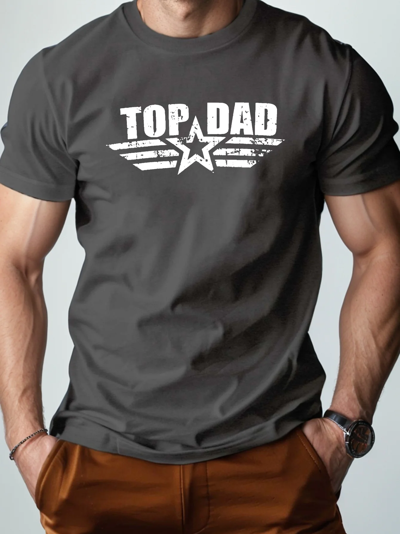 Men's 100% pure cotton fashionable casual comfortable loose top dad print sports round neck short sleeved T-shirt top