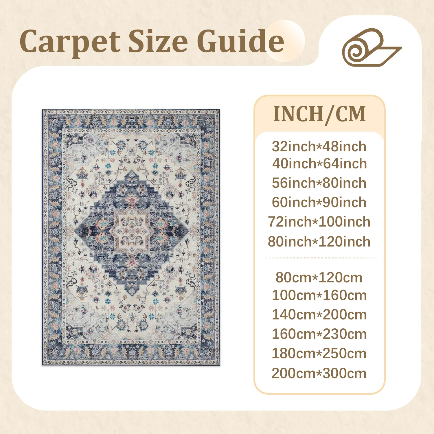 Large Indoor Area Rug, Soft Velvet Low Pile with Non-Slip Dotted Backing, Machine Washable Vintage Medallion Area Rug for Living Room Bedroom, Distressed Blue Cream Floral Pattern Floor Rug