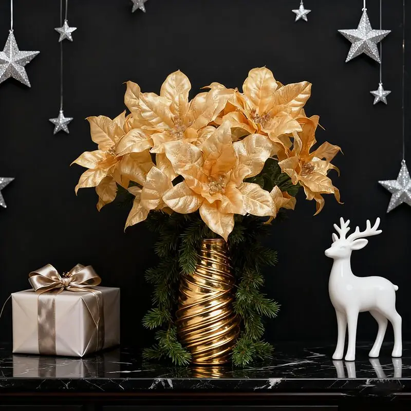 1/3 قطعة زينة عيد الميلاد الذهبي الزهور الاصطناعية البونسيتة الزهور وهمية للمنزل في الهواء الطلق شجرة عيد الميلاد السنة الجديدة DIY بها بنفسك الديكور #2