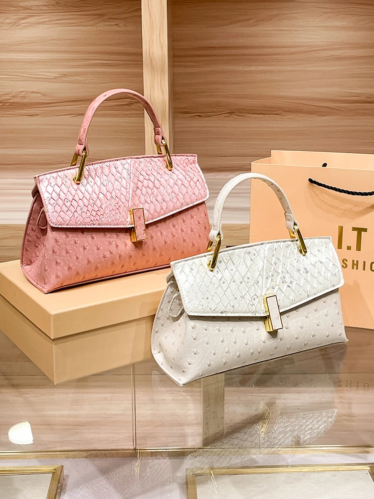 Ostrich-print Leather Women Handbags 2024 New Small Pink Shell Bag European And American Fashion Luxury Shoulder Crossbody Bags