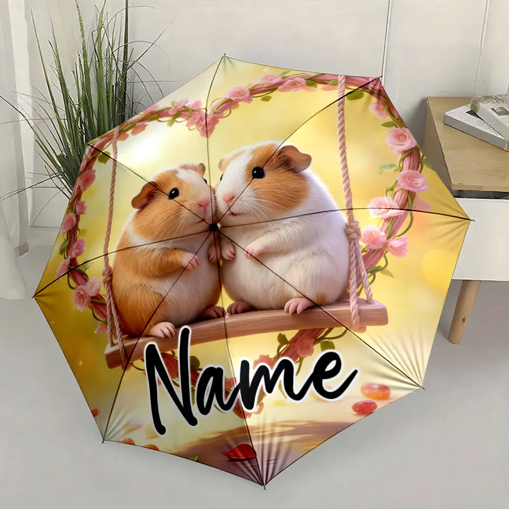 Custom Name Charming Umbrella with Guinea Pigs and Floral Design Print 8 Iron Ribs Folding Umbrella Auto-Open Fashion Sunshade