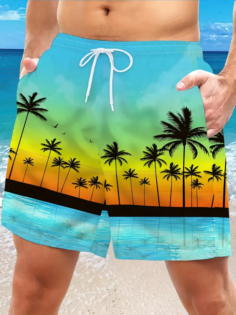 Trendy Palm Tree Pattern Beach Shorts For Men Fashion Summer Holiday Vacation 3D Printed Short Pant Casual Oversized Swim Trunks
