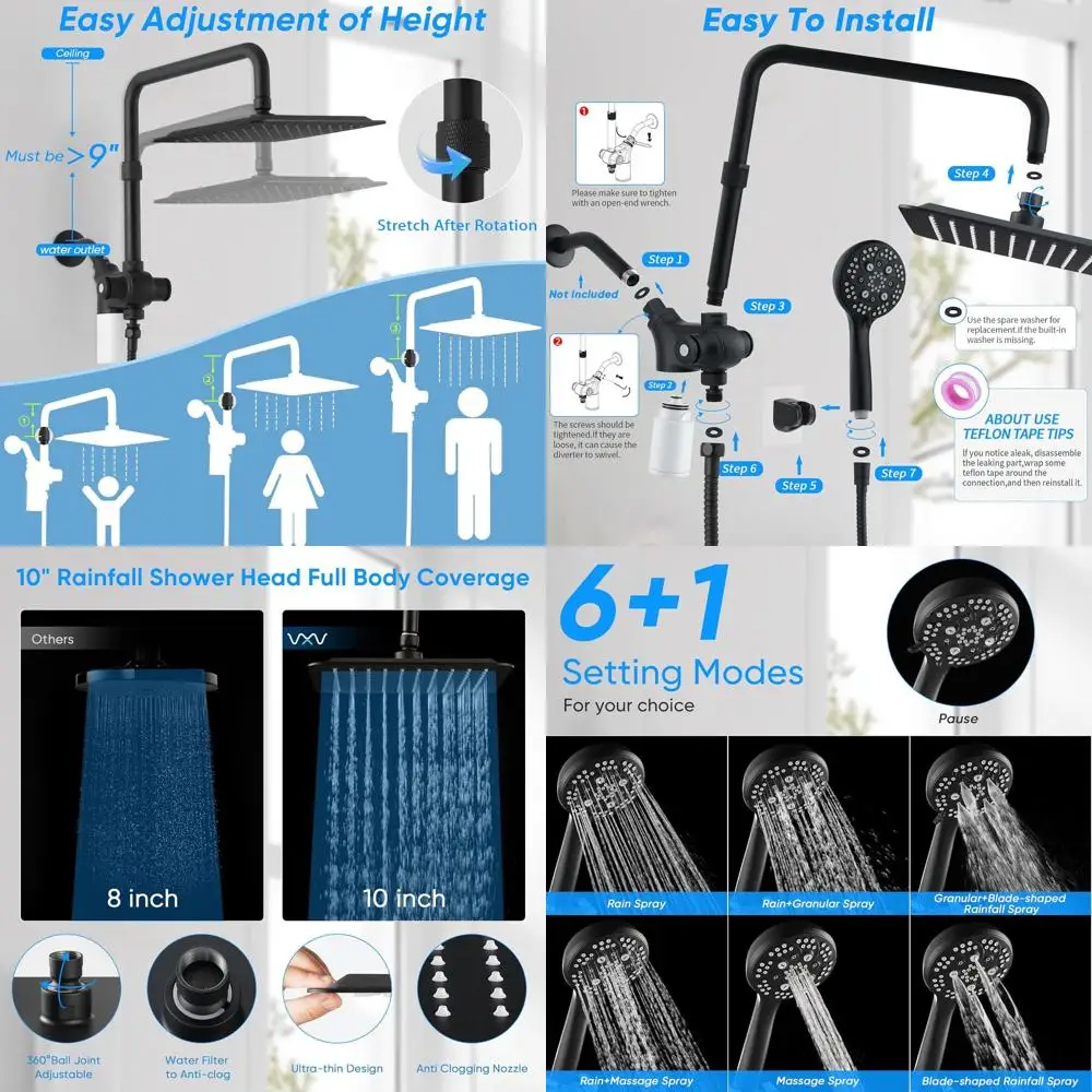 

10 Inch 7-Setting High-Pressure Dual Shower Head with Handheld Spray, 3-Way Rain Shower, 71 Hose, Height Adjustable, Matte Black