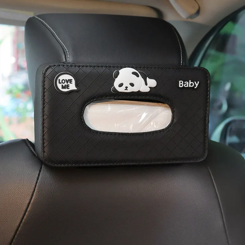 2027 New Leather Car Tissue Paper Box Cute Cartoon Panda for Auto Back Seat Headrest Organizer Storage Fit for 80-100 Regular Si