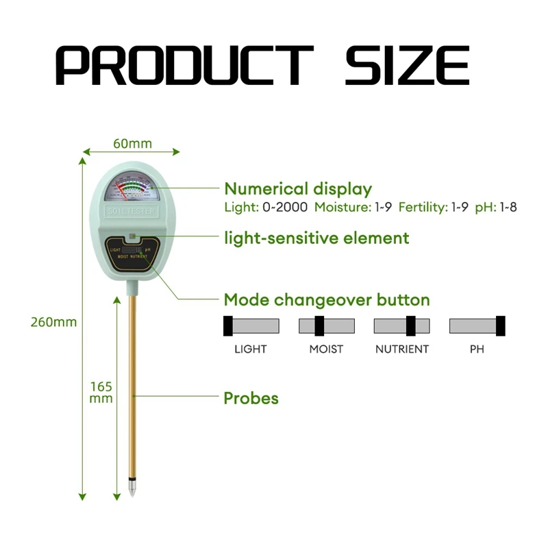 مقياس رطوبة التربة للبستنة ، المغذيات الخفيفة ، درجة الحموضة ، العشب ، الزراعة ، استخدام النباتات الخارجية ، 4 في 1 ،
