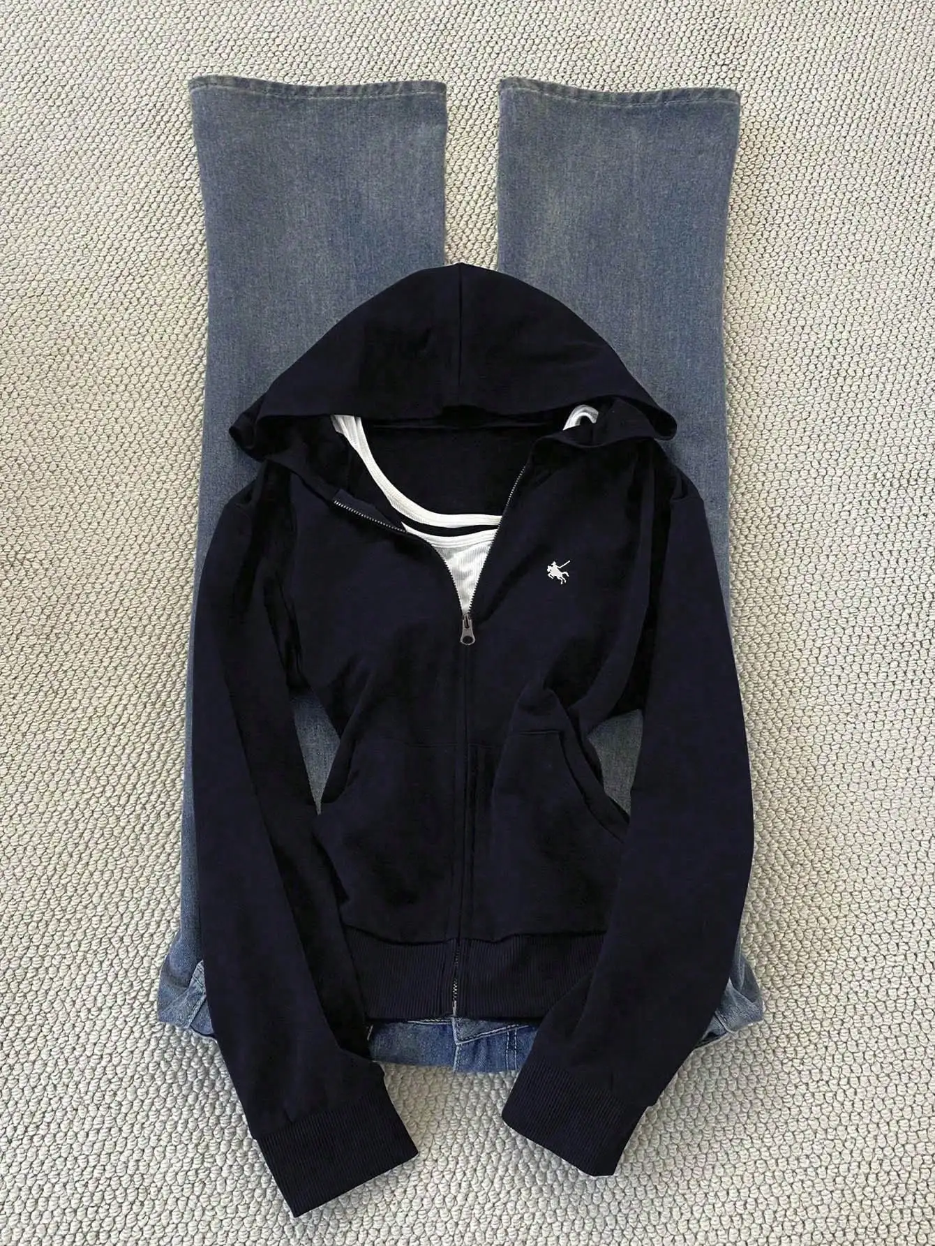 Women's Slim Fit Zip-Up Hoodie with Embroidered Horse Logo, Casual Streetwear Sweatshirt Jacket