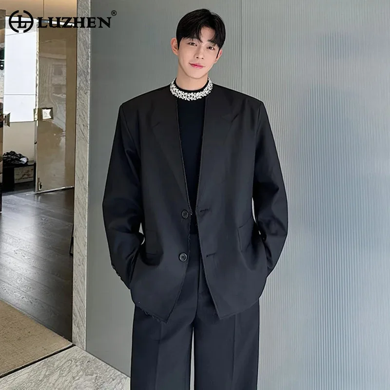 

LUZHEN 2024, осенняя модная официальная куртка без воротника, элегантный мужской однотонный блейзер в Корейском стиле, новинка LZ4787