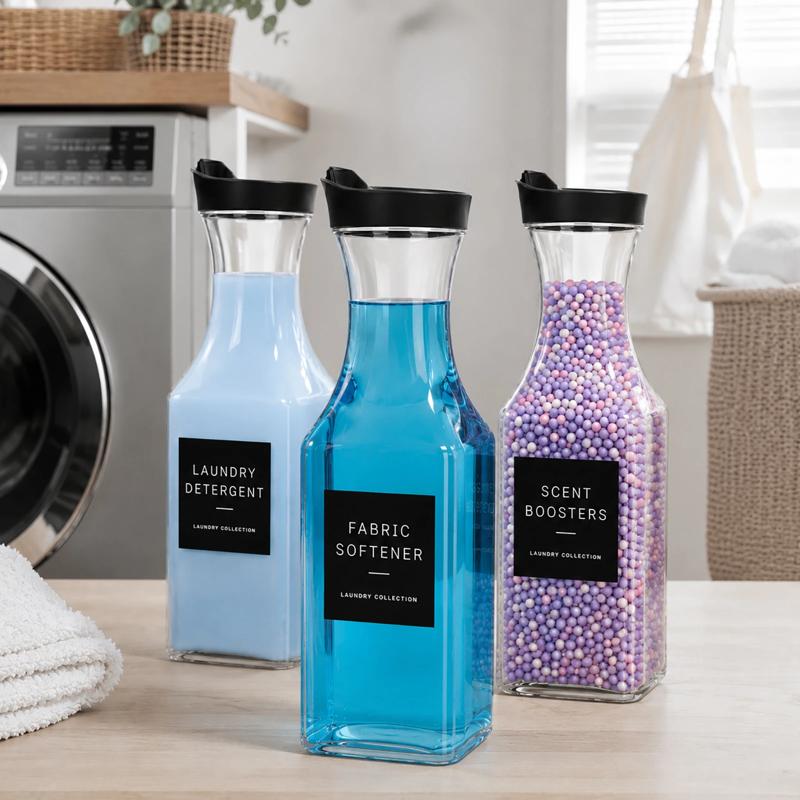 3Pack Clear Laundry Room Containers Laundry Soap Dispenser Bottle Set for Liquid Detergent Scent Boosters Softener