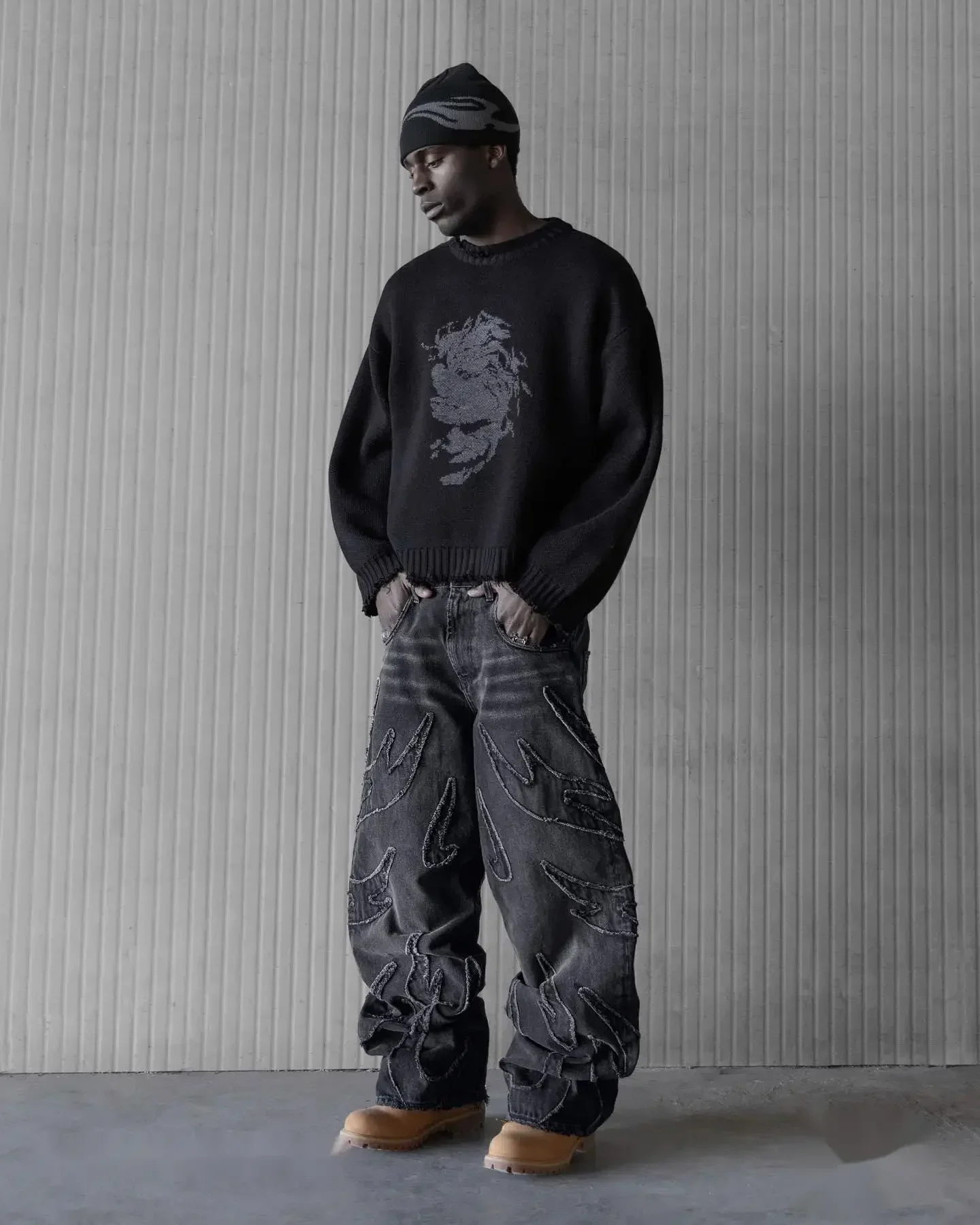 Vintage Y2k Hip Hop Punk Raw Edge Embroidery Jeans  Black Baggy Jeans for Men Pattern Patchwork High Waisted Denim Pants