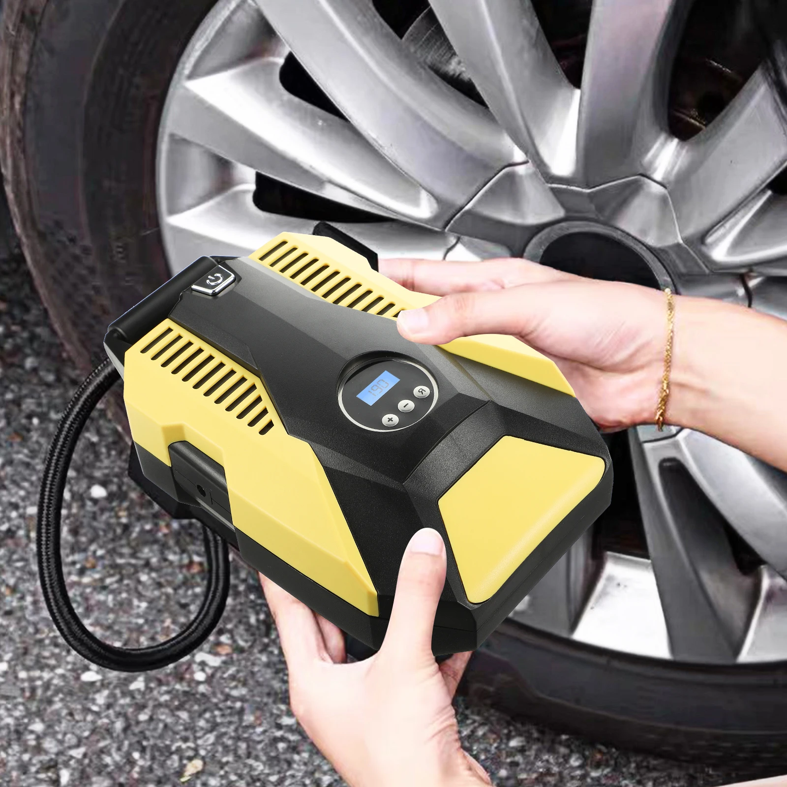 

Car Tire Air Pump Yellow Digital Compressor Inflator Auto 2.8M Cable 0.7M Pipe Truck Accessory