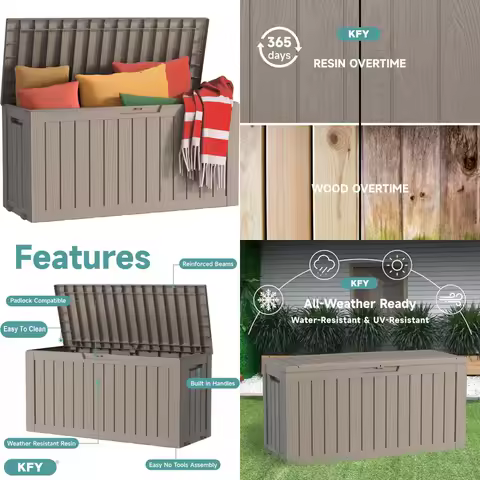 Waterproof Outdoor Storage Box 75 Gallons, UV Resistant Resin Deck Box with Hydraulic Rod Stability, Ideal for Patio and Garden