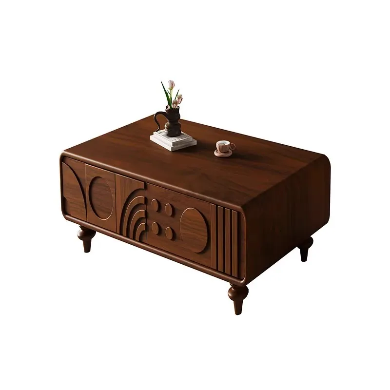 Medieval solid wood carving flower TV cabinet coffee table combination French retro living room small apartment household storag