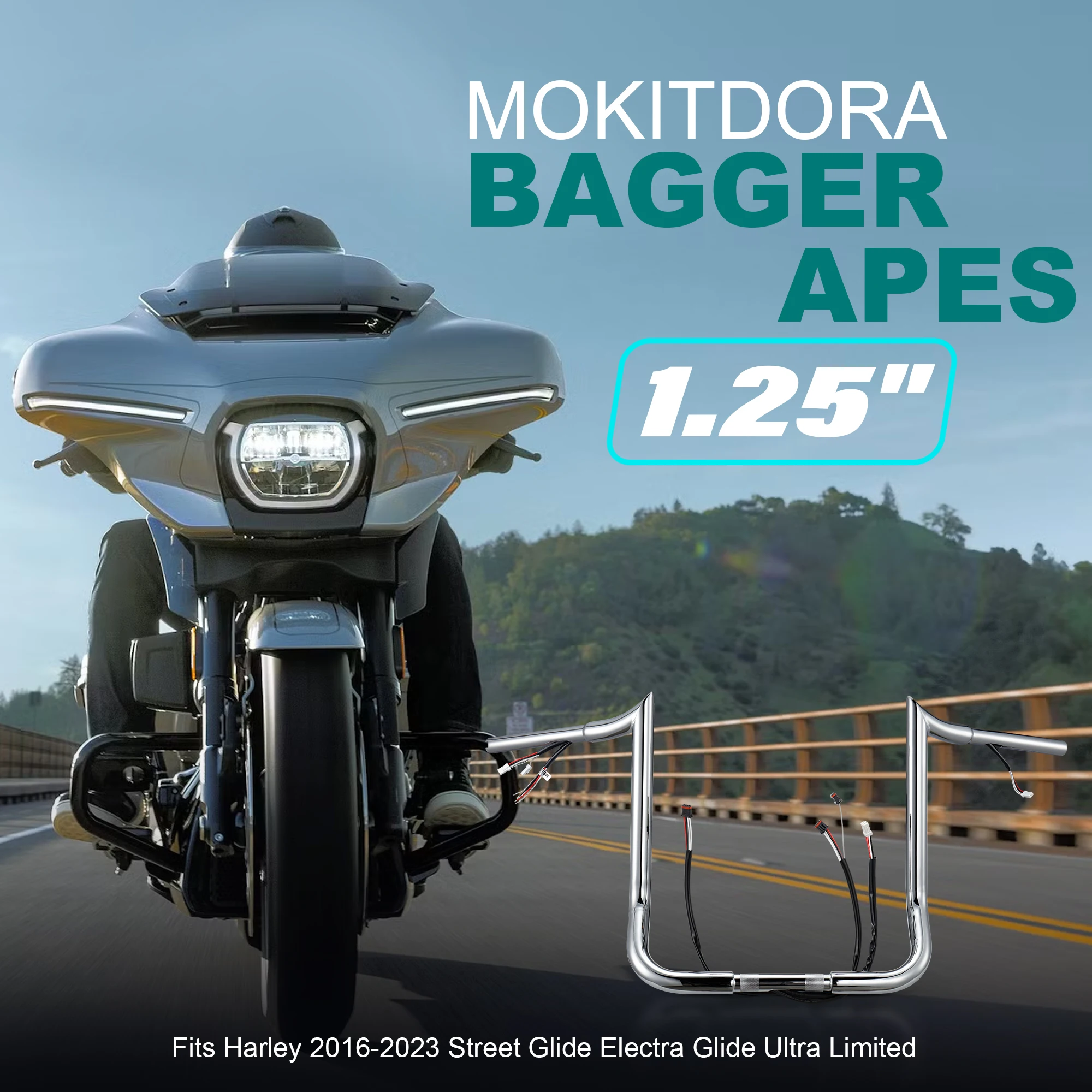 مقود Touring 10/12/14 بوصة ارتفاع 1.25 بوصة سلكي مسبقًا لهارلي 2016-2023 Street Glide Electra Glide Ultra Limited #2