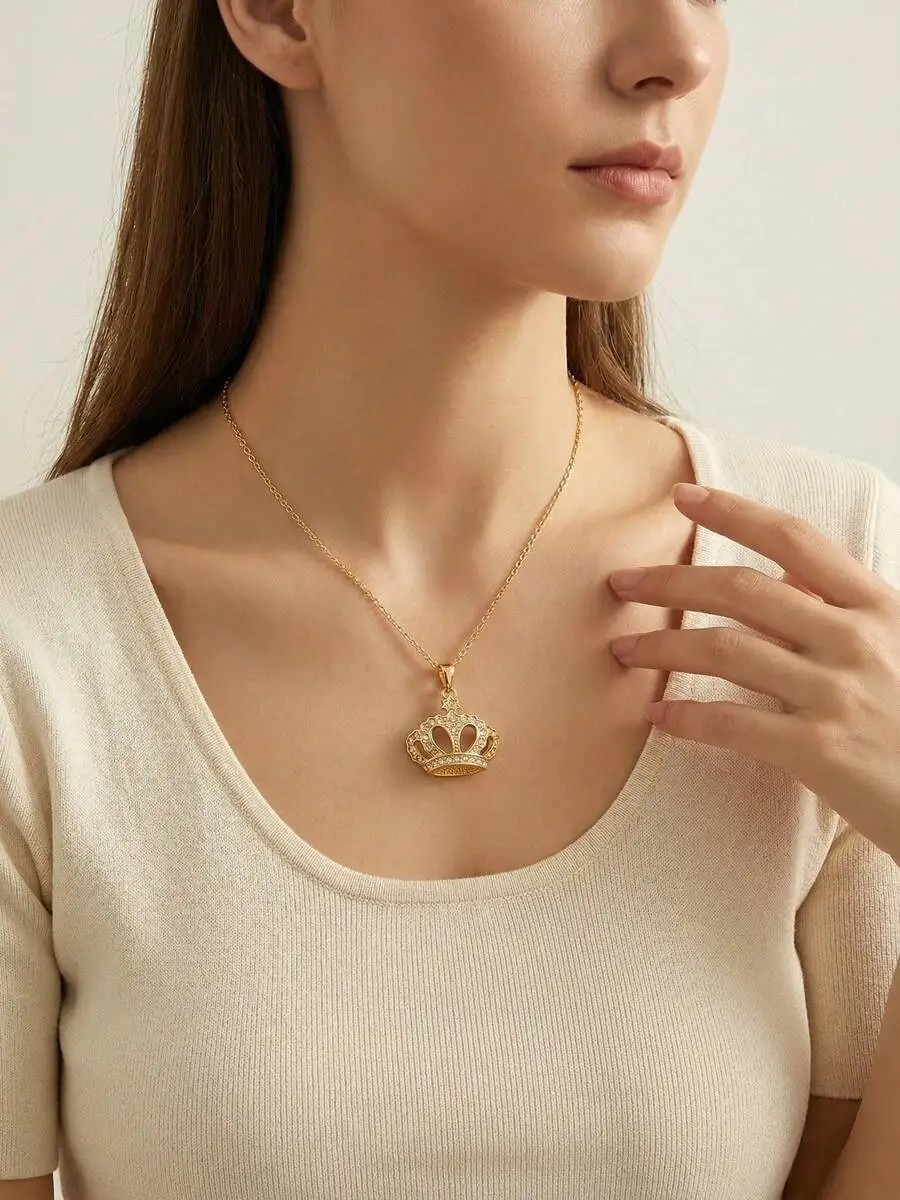 

Womens Rhinestone Crown Pendant Necklace Elegant Chain Crystal Jewelry For Engagement Party