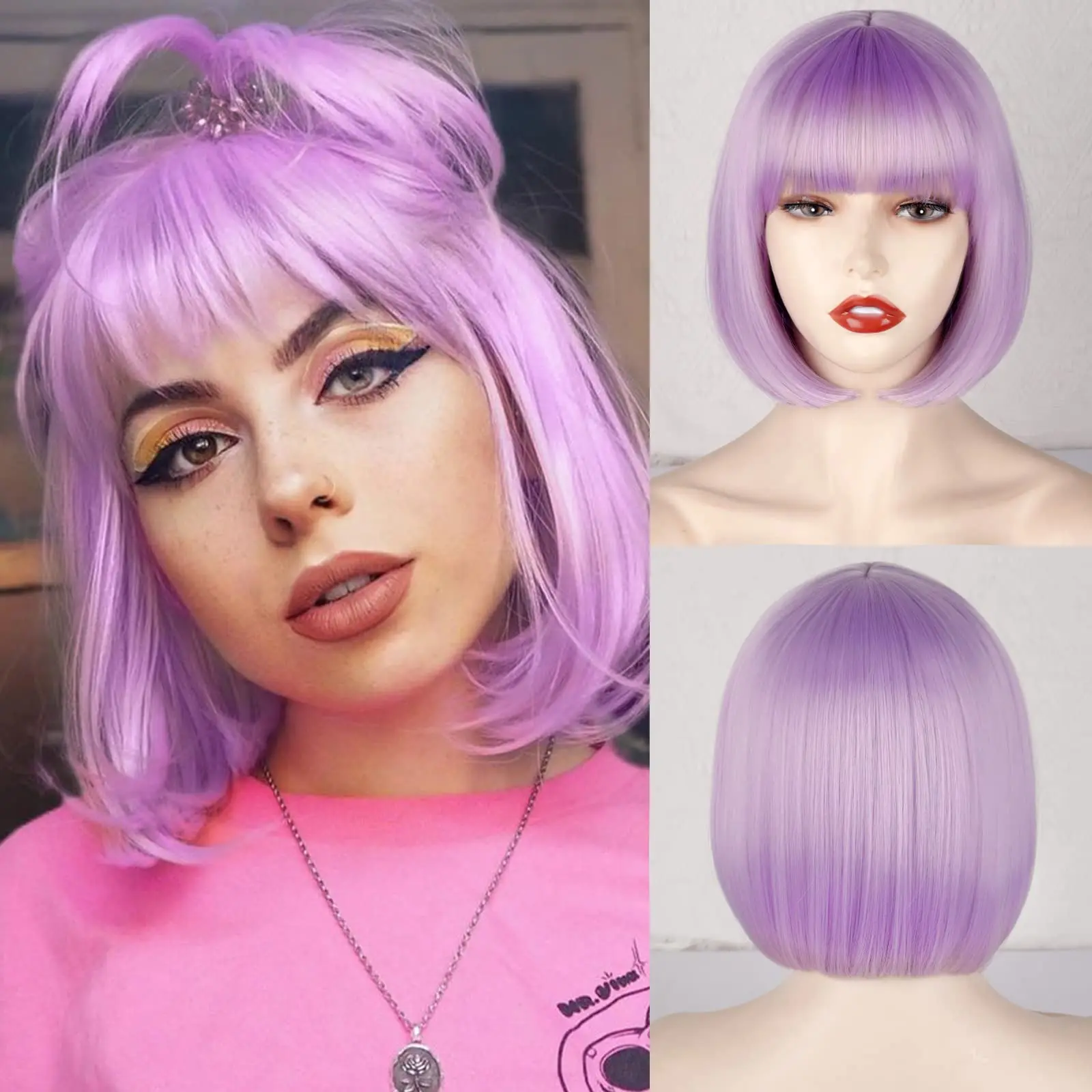 Regenbogenfarbene Synthetik-Perücke für tägliche Partys, Halloween-Cosplay-Perücke, Bob-Frisur-Perücke, Kopfbedeckung – Detail 12